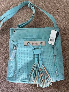 Nicole Miller Aqua Perforated Tassel Shoulder Bag